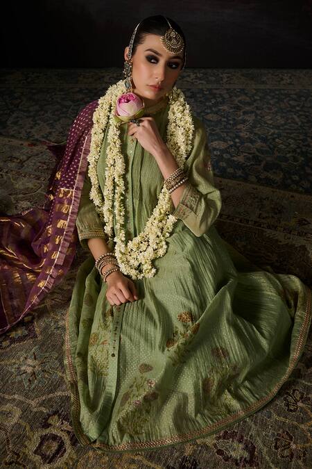 Buy_Swatti Kapoor_Green Chanderi Embroidery Round Neck Fariha Polka Dot Print Kurta _Online_at_Aza_Fashions