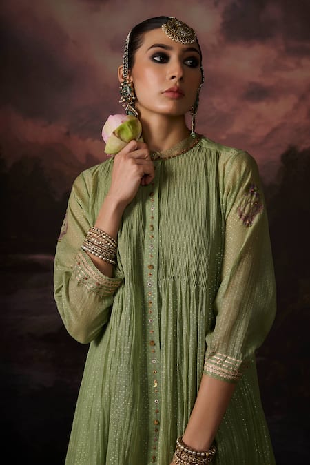 Buy_Swatti Kapoor_Green Chanderi, Cotton Embroidery Round Neck Fariha Kurta Set _Online_at_Aza_Fashions