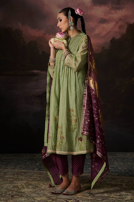 Swatti Kapoor Green Chanderi, Cotton Embroidery Round Neck Fariha Kurta Set 