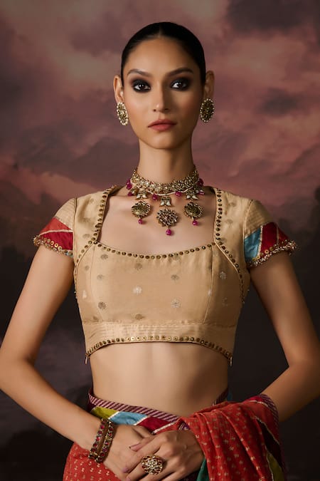 Swatti Kapoor Multi Color Embroidery Round Neck Isha Floral Woven Blouse 