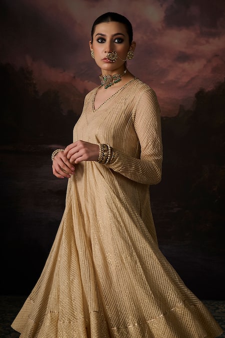 Swatti Kapoor Gold Embroidery V-neck Daania Stripe Woven Anarkali Online at Aza Fashions Swatti Kapoor_Gold Embroidery V-neck Daania Stripe Woven Anarkali _Online_at_Aza_Fashions