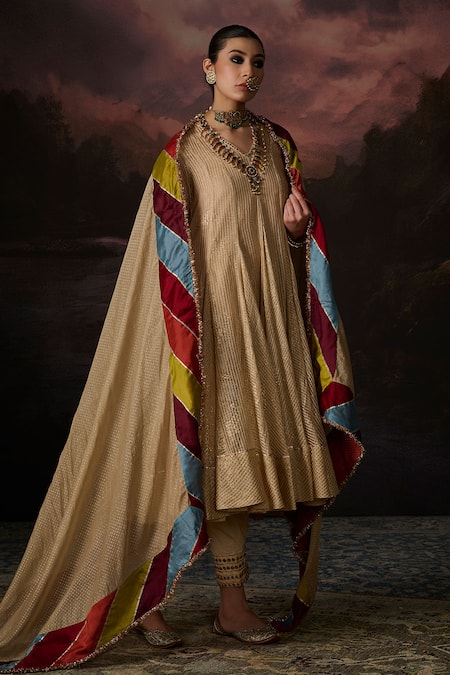 Buy Swatti Kapoor Gold Embroidery V-neck Daania Stripe Woven Anarkali Online at Aza Fashions Buy_Swatti Kapoor_Gold Embroidery V-neck Daania Stripe Woven Anarkali _Online_at_Aza_Fashions