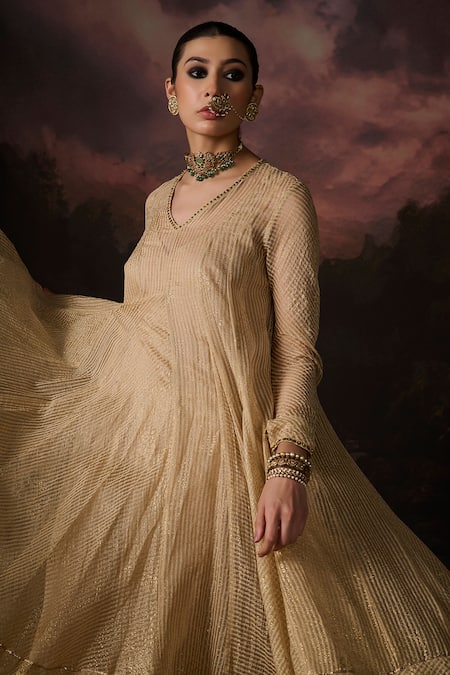Shop Swatti Kapoor Gold Embroidery V-neck Daania Stripe Woven Anarkali Online at Aza Fashions Shop_Swatti Kapoor_Gold Embroidery V-neck Daania Stripe Woven Anarkali _Online_at_Aza_Fashions