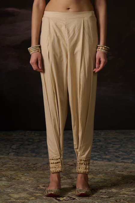 Swatti Kapoor_Gold Cotton Embroidery Kunz Woven Pant _Online_at_Aza_Fashions