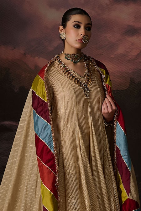 Buy_Swatti Kapoor_Gold Chanderi, Cotton Embroidery V-neck Daania Stripe Woven Anarkali Set _Online_at_Aza_Fashions