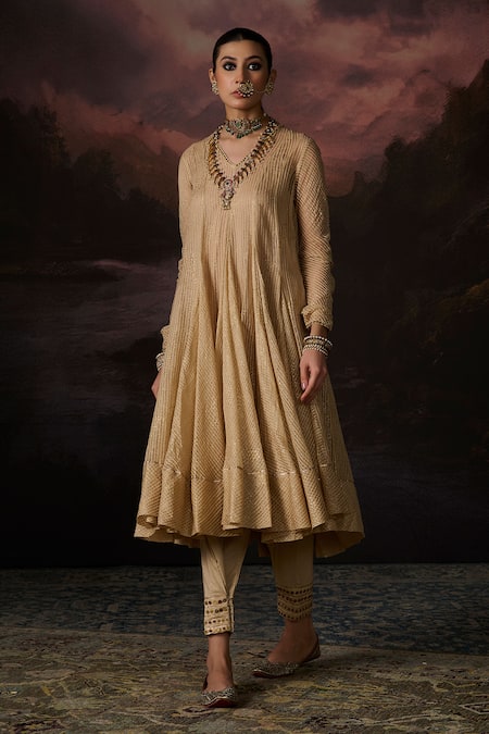 Shop_Swatti Kapoor_Gold Chanderi, Cotton Embroidery V-neck Daania Stripe Woven Anarkali Set _at_Aza_Fashions