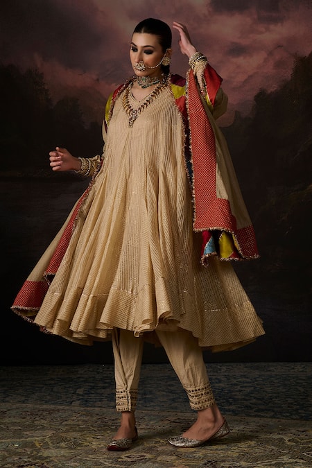 Swatti Kapoor Gold Chanderi, Cotton Embroidery V-neck Daania Stripe Woven Anarkali Set 