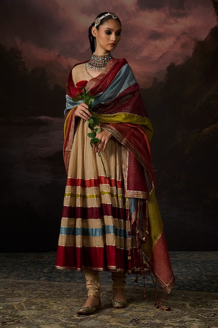 Swatti Kapoor_Beige Embroidery V-neck Naira Colorblock Anarkali _at_Aza_Fashions