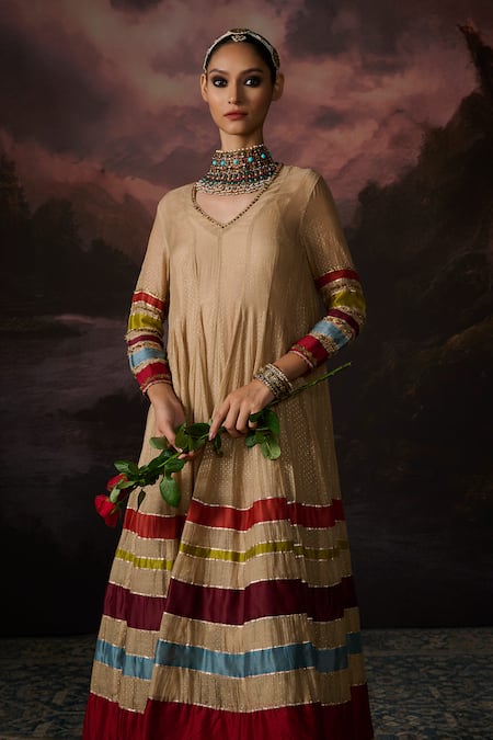 Swatti Kapoor_Gold Chanderi, Cotton, Lycra Tassels Naira Colorblock Embroidered Anarkali Set _Online_at_Aza_Fashions