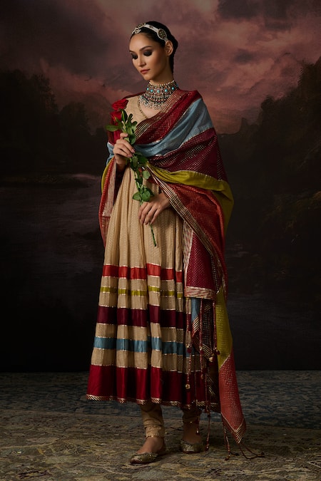 Shop_Swatti Kapoor_Gold Chanderi, Cotton, Lycra Tassels Naira Colorblock Embroidered Anarkali Set _at_Aza_Fashions