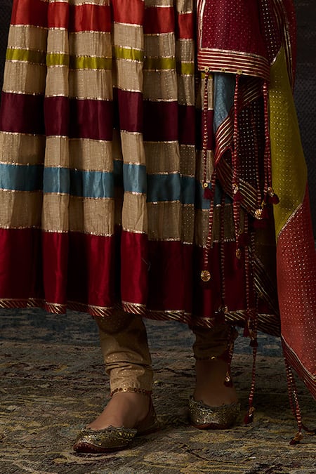 Buy_Swatti Kapoor_Gold Chanderi, Cotton, Lycra Tassels Naira Colorblock Embroidered Anarkali Set _Online_at_Aza_Fashions