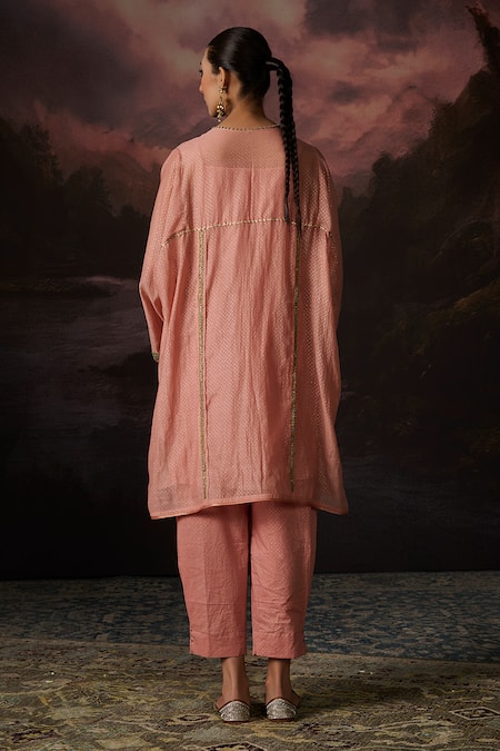 Shop_Swatti Kapoor_Pink Chanderi, Cotton Round Neck Zia Woven Kaftan Set _at_Aza_Fashions