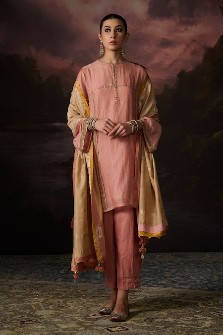 Swatti Kapoor Pink Chanderi, Cotton Round Neck Zia Woven Kaftan Set