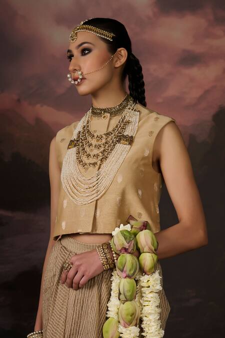 Swatti Kapoor Gold Round Neck Malik Floral Woven Gilet And Skirt Set Online at Aza Fashions Swatti Kapoor_Gold Round Neck Malik Floral Woven Gilet And Skirt Set _Online_at_Aza_Fashions