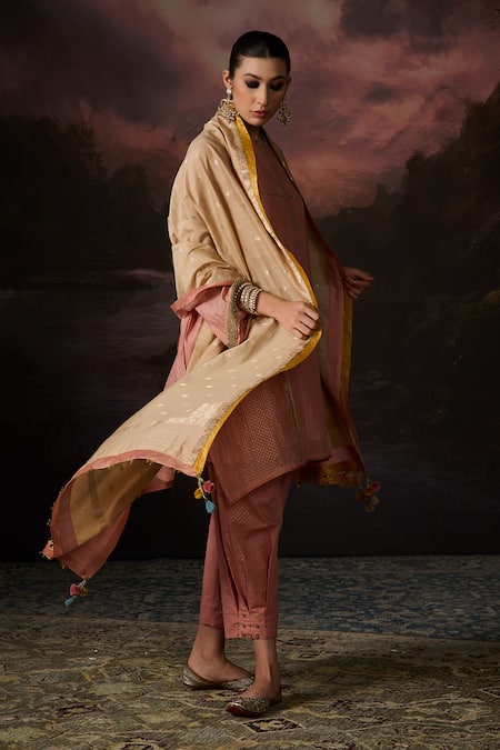 Shop_Swatti Kapoor_Yellow Tassels Zakir Floral Woven Dupatta _at_Aza_Fashions