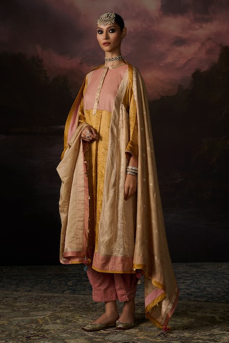 Swatti Kapoor Yellow Round Neck Gul Stripe Woven Kurta Set