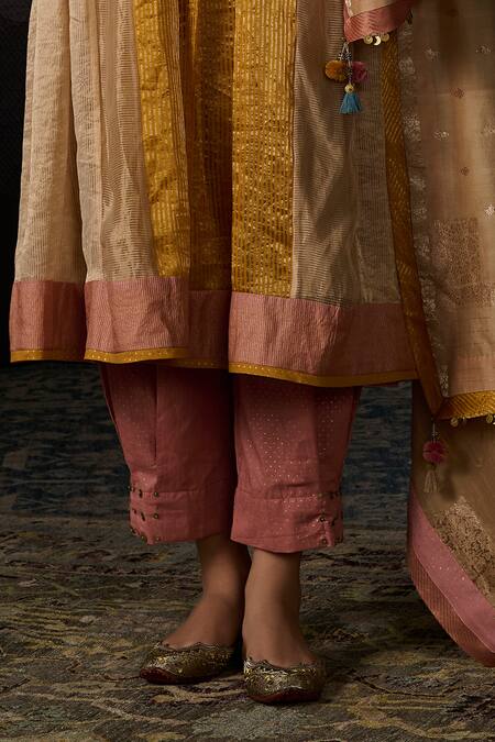 Buy_Swatti Kapoor_Yellow Round Neck Gul Stripe Woven Kurta Set _Online_at_Aza_Fashions