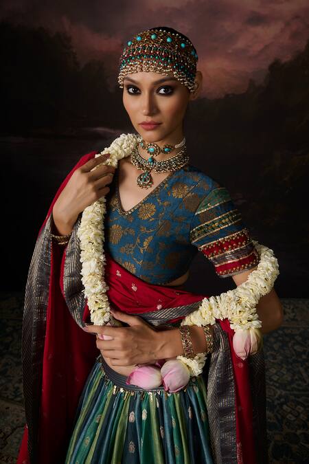 Swatti Kapoor_Blue Embroidery V-neck Asma Floral Woven Blouse _Online_at_Aza_Fashions