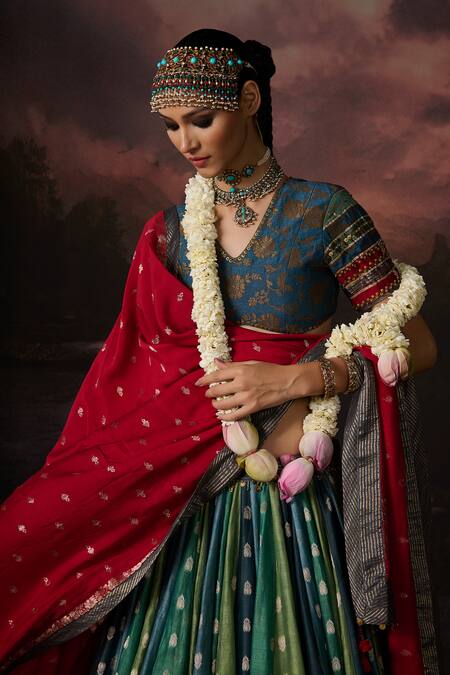 Buy_Swatti Kapoor_Blue Embroidery V-neck Asma Floral Woven Blouse _Online_at_Aza_Fashions