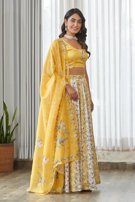 Pasha India_Yellow Satin, Silk Embroidery Round Neck Kesar Kali Lehenga Set _Online_at_Aza_Fashions