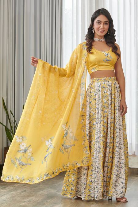Shop_Pasha India_Yellow Satin, Silk Embroidery Round Neck Kesar Kali Lehenga Set _Online_at_Aza_Fashions
