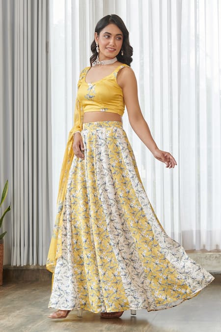 Pasha India_Yellow Satin, Silk Embroidery Round Neck Kesar Kali Lehenga Set _at_Aza_Fashions