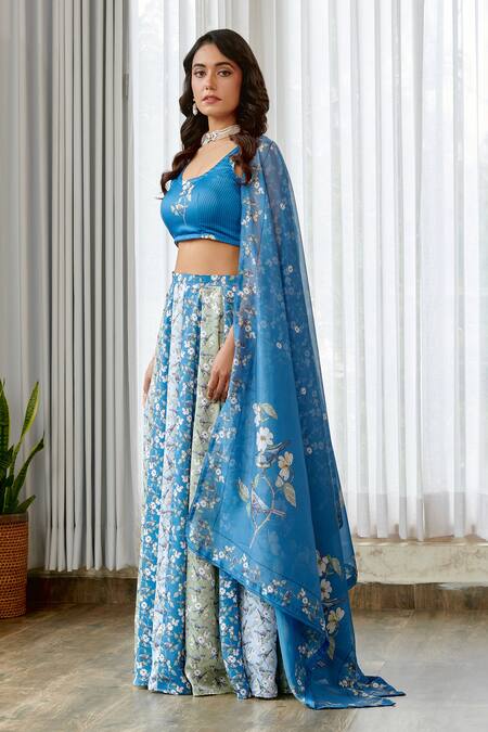Buy_Pasha India_Blue Silk, Satin Embroidery Round Neck Indra Kali Lehenga Set _Online_at_Aza_Fashions