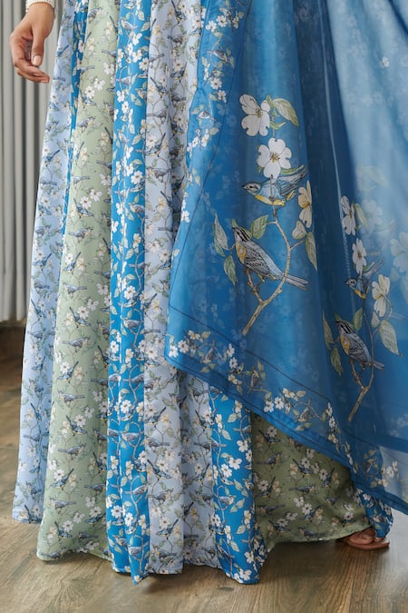 Shop_Pasha India_Blue Silk, Satin Embroidery Round Neck Indra Kali Lehenga Set _Online_at_Aza_Fashions