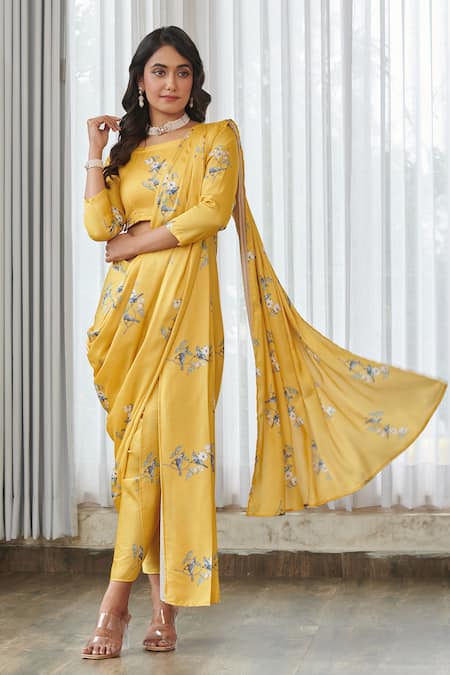 Pasha India Yellow Satin Embroidery Round Neck Kesar Blouse With Dhoti Pant Saree 