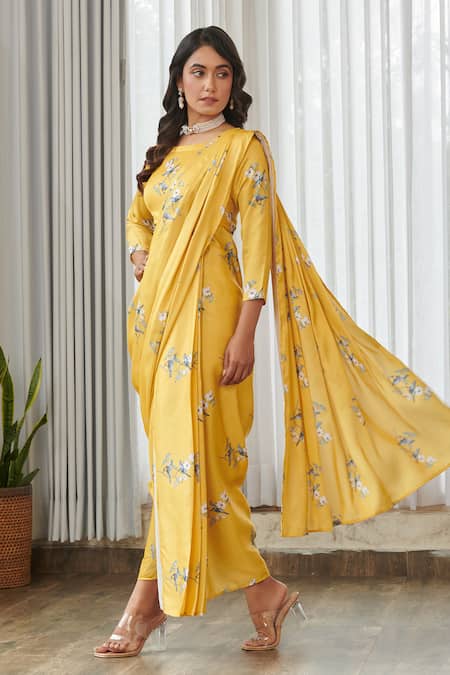 Pasha India_Yellow Satin Embroidery Round Neck Kesar Blouse With Dhoti Pant Saree _Online_at_Aza_Fashions