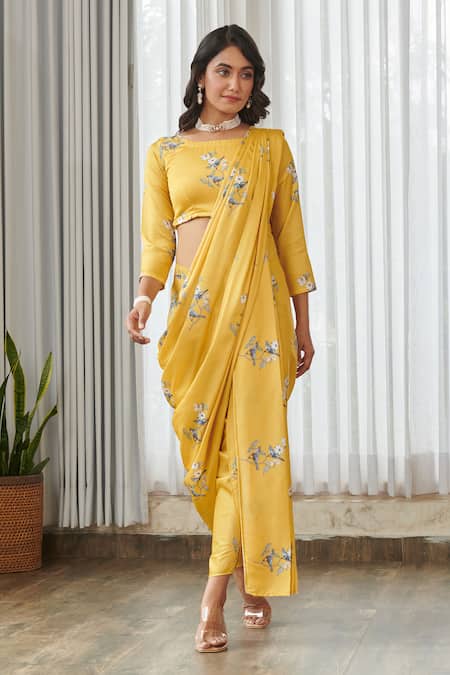 Shop_Pasha India_Yellow Satin Embroidery Round Neck Kesar Blouse With Dhoti Pant Saree _Online_at_Aza_Fashions