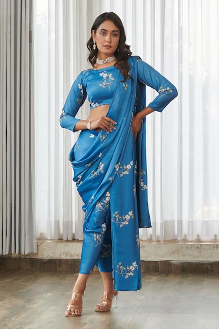 Pasha India Blue Satin Embroidery Round Neck Indra Dhoti Pant Saree With Blouse 