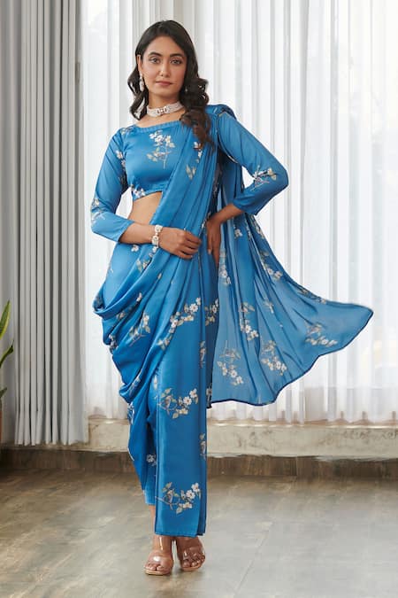 Pasha India Indra Blue Dhoti Pant Saree With Blouse 