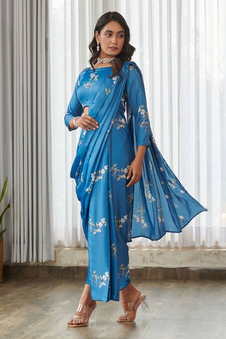 Buy_Pasha India_Blue Satin Embroidery Round Neck Indra Dhoti Pant Saree With Blouse _Online_at_Aza_Fashions