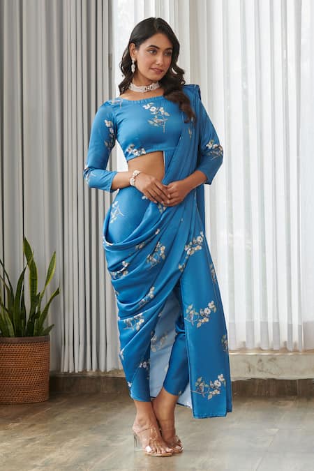 Shop_Pasha India_Blue Satin Embroidery Round Neck Indra Dhoti Pant Saree With Blouse _Online_at_Aza_Fashions