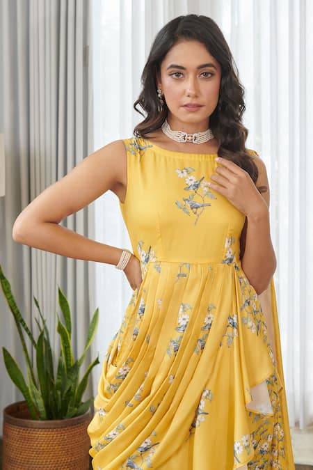 Pasha India_Yellow Satin, Silk Embroidery Kesar Ruffle Saree Gown _Online_at_Aza_Fashions