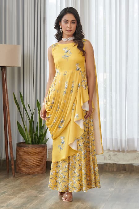 Buy_Pasha India_Yellow Satin, Silk Embroidery Kesar Ruffle Saree Gown _Online_at_Aza_Fashions