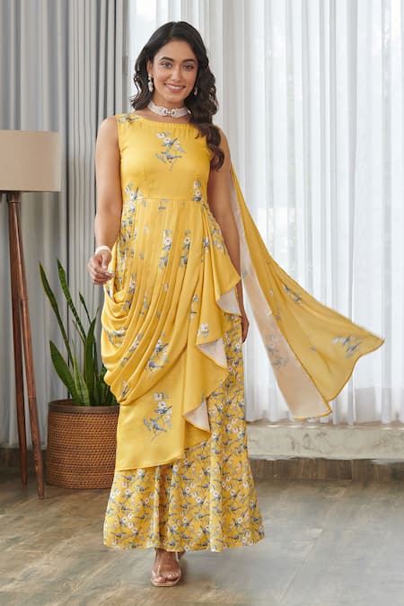 Shop_Pasha India_Yellow Satin, Silk Embroidery Kesar Ruffle Saree Gown _Online_at_Aza_Fashions