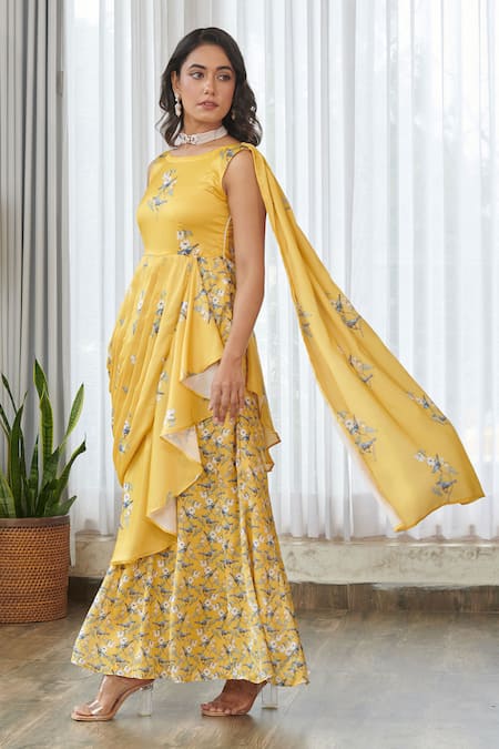 Pasha India_Yellow Satin, Silk Embroidery Kesar Ruffle Saree Gown _at_Aza_Fashions