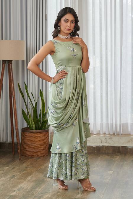 Buy_Pasha India_Green Embroidery Boat Neck Tulsi Ruffle Saree Gown _Online_at_Aza_Fashions