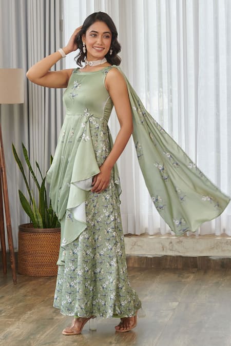 Shop_Pasha India_Green Embroidery Boat Neck Tulsi Ruffle Saree Gown _Online_at_Aza_Fashions