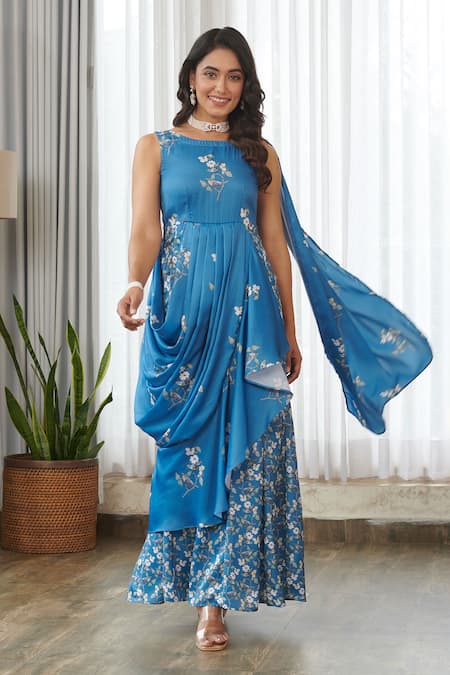 Pasha India Indra Blue Ruffle Saree Gown 