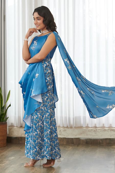 Shop Pasha India Blue Satin Embroidery Boat Neck Indra Ruffle Saree Gown Online at Aza Fashions Shop_Pasha India_Blue Satin Embroidery Boat Neck Indra Ruffle Saree Gown _Online_at_Aza_Fashions