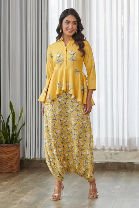 Shop_Pasha India_Yellow Cotton, Rayon Embroidery Collared Kesar Peplum Dhoti Jumpsuit _Online_at_Aza_Fashions
