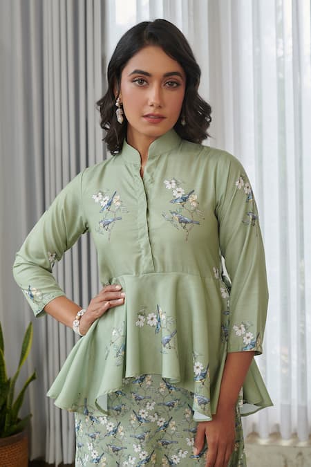Pasha India_Green Cotton, Rayon Embroidery Collared Tulsi Peplum Dhoti Jumpsuit _Online_at_Aza_Fashions