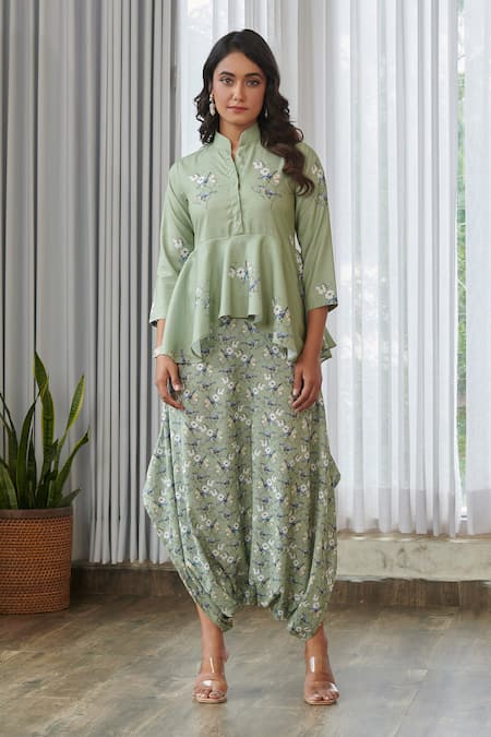Buy_Pasha India_Green Cotton, Rayon Embroidery Collared Tulsi Peplum Dhoti Jumpsuit _Online_at_Aza_Fashions