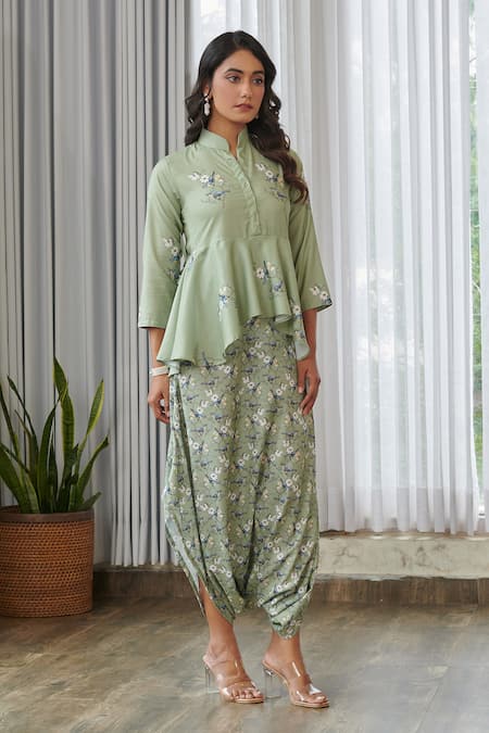 Shop_Pasha India_Green Cotton, Rayon Embroidery Collared Tulsi Peplum Dhoti Jumpsuit _Online_at_Aza_Fashions