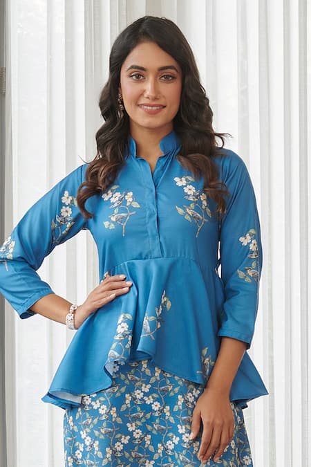 Pasha India_Blue Cotton, Rayon Embroidery Collared Indra Peplum Dhoti Jumpsuit _Online_at_Aza_Fashions