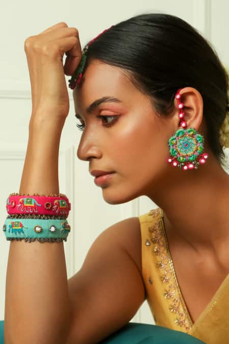 NAKHREWAALI_Blue Pushpa Embellished Earrings _Online_at_Aza_Fashions