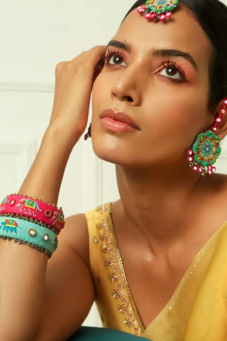 Buy_NAKHREWAALI_Blue Pushpa Embellished Earrings _Online_at_Aza_Fashions